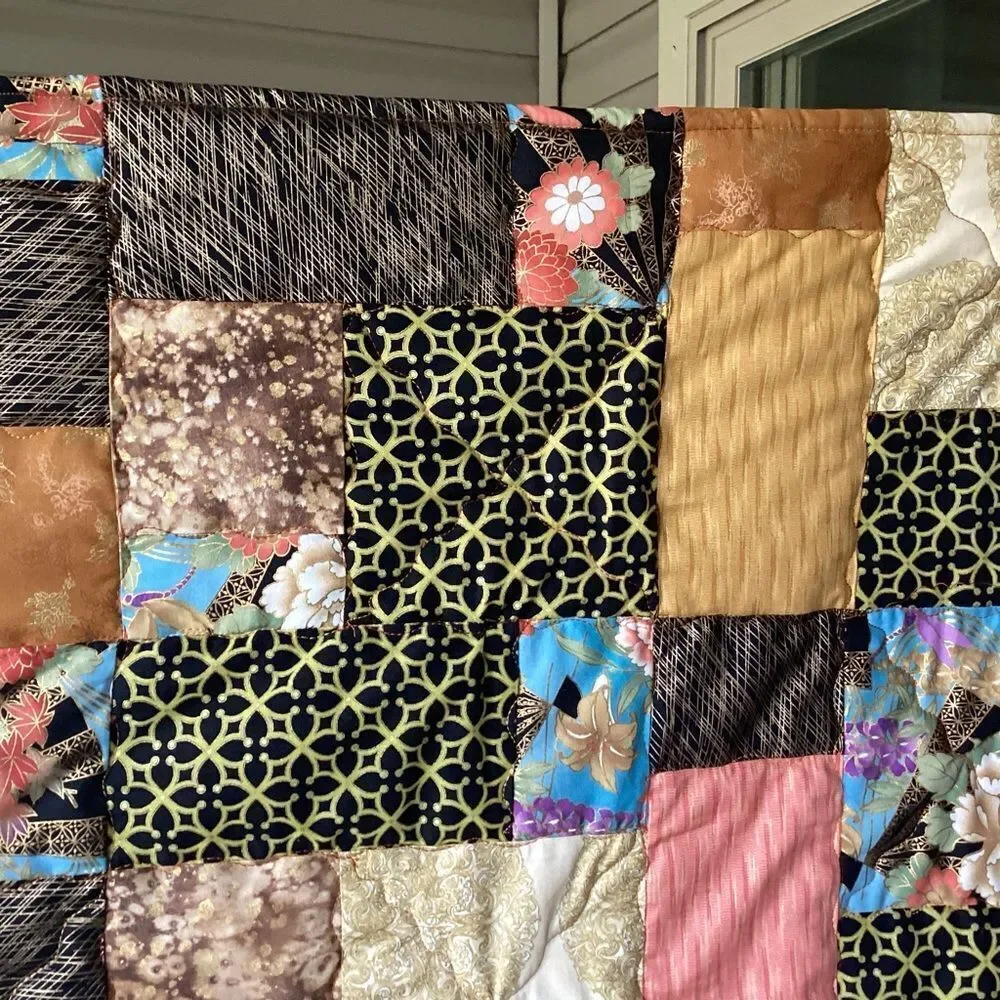 NWT. Hand Crafted Gold Toned Prints with Oriental Influence Quilt